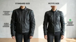 A side-by-side comparison illustrating a standard-sized motorcycle jacket bunched at the shoulders and a correctly fitted petite motorcycle jacket, showing proper armor alignment on a smaller frame.