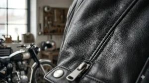 Detail shot of abrasion-resistant premium cowhide leather used in women's riding gear.