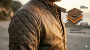 Detailed view of reinforced diamond quilted stitching on the shoulders of a vintage motorcycle jacket.