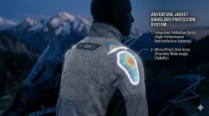 Illustration of integrated reflective strips on a textile jacket for high visibility during night riding.