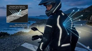 Illustration showing reflective piping on an armored mesh jacket for enhanced night-time visibility.