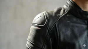 Close-up of integrated reflective piping along the shoulder seam of a black armored petite motorcycle jacket.