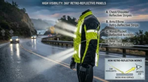 Illustration highlighting the 360-degree reflective panels on a waterproof motorcycle over jacket for night visibility.