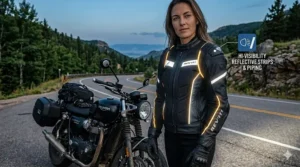 4K photorealistic dusk image of a women's armored motorcycle jacket highlighting intense reflective strips and piping for night visibility.