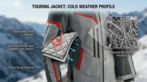 Illustration of a removable quilted thermal liner for a cold-weather touring textile jacket.