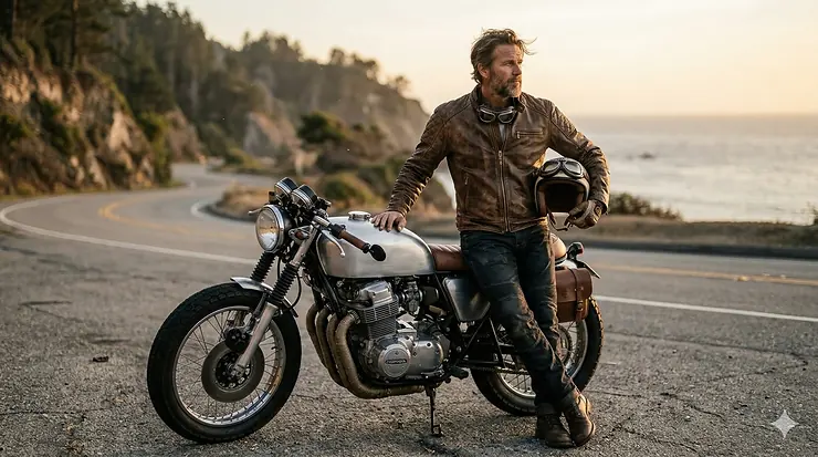 A man wearing a vintage-style brown leather retro motorcycle jacket while leaning against a classic cafe racer bike. retro motorcycle jacket mens
