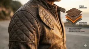 Graphic displaying a mens retro motorcycle jacket in tobacco brown, matte black, and forest green.