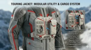 Diagram of waterproof cargo pockets and rear map pocket on an adventure touring jacket.