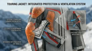 Illustration highlighting CE-rated elbow, shoulder, and back armor placement in a touring textile jacket.