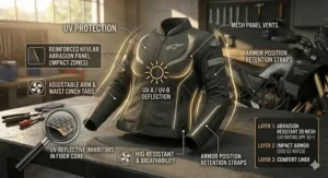 Graphic depicting UV-resistant fabric technology used in summer motorcycle jackets to prevent sun damage.