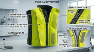 Close-up of a heavy-duty front zipper protected by a double Velcro storm flap on a waterproof over jacket.