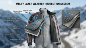 Diagram showing the breathable waterproof membrane of a multi-season touring textile jacket.