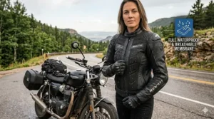 4K photorealistic image of a women's armored motorcycle jacket with a waterproof membrane visibly shedding water droplets in light rain.