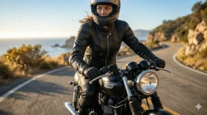 A female motorcyclist riding a cruiser wearing a protective armored leather jacket.