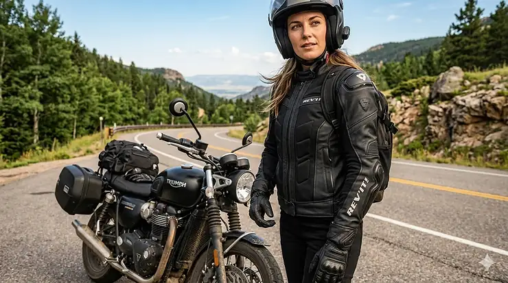4K photorealistic image of a female motorcyclist wearing a black armored motorcycle jacket, leaning on a Triumph Bonneville cafe racer on a mountain road. women's armored motorcycle jacket