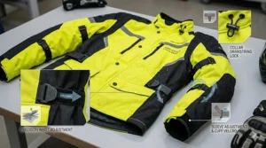 Illustration highlighting the adjustable waist and cuff straps on a motorcycle rain jacket to prevent water ingress at high speeds.