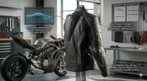 A side profile illustration of a racing jacket featuring an integrated aerodynamic speed hump for high-speed stability.