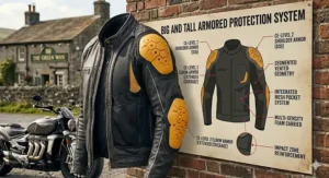 Illustration of CE-rated shoulder and elbow armor inserts within a heavy-duty big and tall riding jacket.