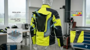 Diagram showing the rear exhaust vents on a touring motorcycle rain jacket that allow airflow while keeping water out.