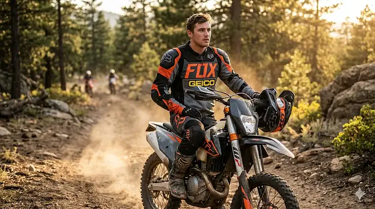A professional motocross rider wearing a high-performance dirt bike riding jacket on an off-road trail.