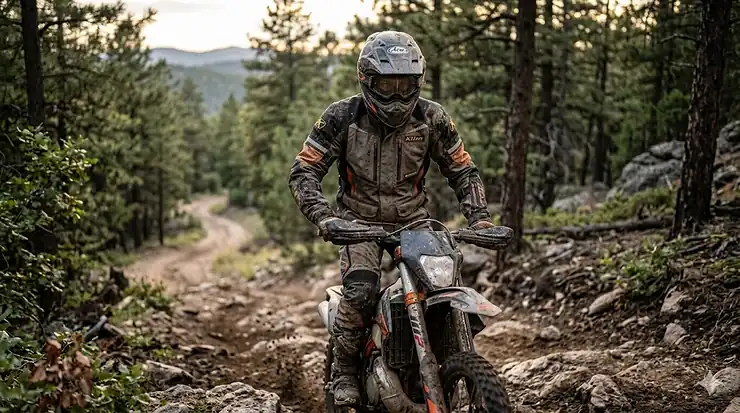A professional rider wearing a durable enduro riding jacket while navigating a dusty off-road trail.