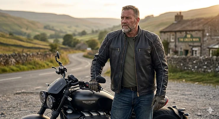 A man wearing a premium black leather big and tall motorcycle jacket with reinforced padding, standing next to a cruiser motorcycle.