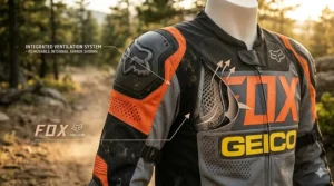 Close-up illustration of mesh panels and air vents on a breathable dirt bike riding jacket for hot weather.