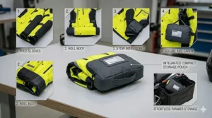 A touring motorcycle rain jacket folded into its compact integrated storage pouch for easy stowing in a pannier.