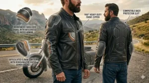 Technical diagram showing CE-rated impact protection in a men's cruiser motorcycle jacket's shoulders and elbows.