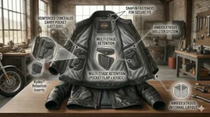 Interior view of a men's cruiser motorcycle jacket featuring reinforced concealed carry and utility pockets.