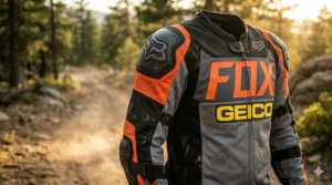 Illustration showing the integrated CE-level armor in a dirt bike riding jacket for shoulder and elbow protection.