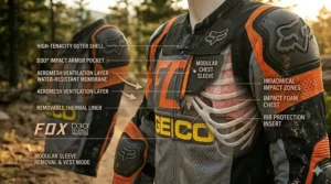 A sizing chart illustration for a dirt bike riding jacket showing chest and sleeve measurement points.