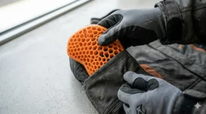 Exploded view of removable CE Level 2 elbow and shoulder protectors inside an enduro riding jacket.