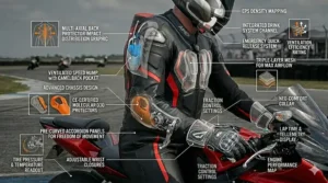 Detailed view of premium abrasion-resistant leather used in high-performance track day racing jackets.