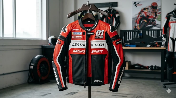 A high-quality leather replica MotoGP jacket featuring aerodynamic hump and professional racing team branding.