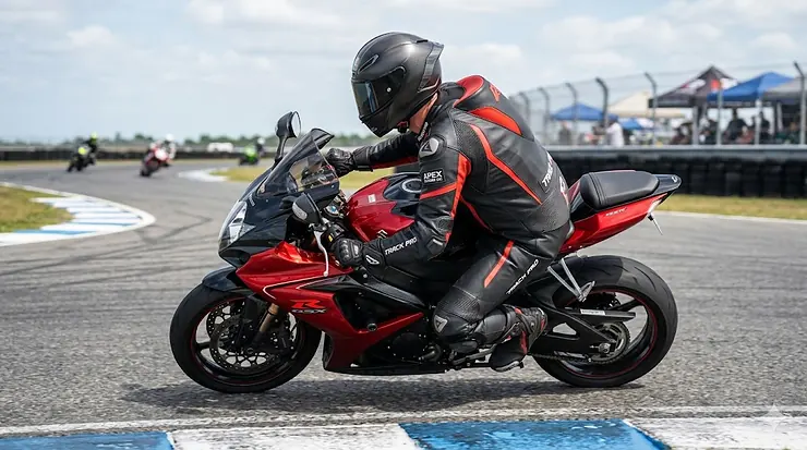 A professional-grade leather track day racing jacket with reinforced shoulder sliders and aerodynamic hump.