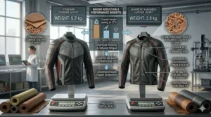 A weight comparison graphic showing how kangaroo leather allows for a thinner, lighter, yet more protective racing jacket.