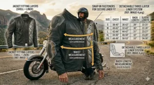 An infographic guide explaining how to measure chest and sleeve length for a men's cruiser motorcycle jacket.