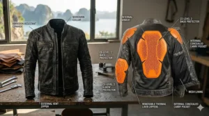 Diagram showing CE-certified armor inserts in the shoulders and elbows of a men's motorcycle jacket.