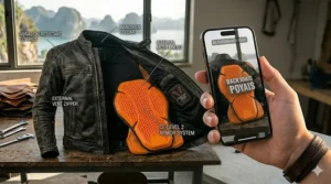 The interior view of a men's motorcycle jacket showing a thermal removable liner and concealed carry pockets.