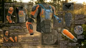 Illustration of a modular dirt bike riding jacket with a removable thermal liner and outer shell.