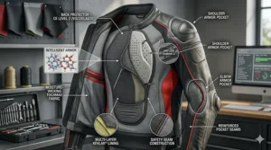 Close-up illustration of the interior armor pockets and impact protection in a kangaroo leather motorcycle racing jacket.