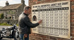 Comprehensive size chart for big and tall motorcycle jackets showing chest, waist, and extended sleeve measurements.