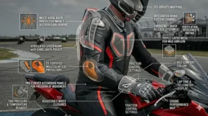 Comprehensive sizing guide and measurement points for a slim-fit track day racing jacket.