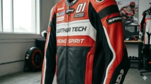 Close-up of perforated leather panels on a replica MotoGP jacket for enhanced airflow and cooling.