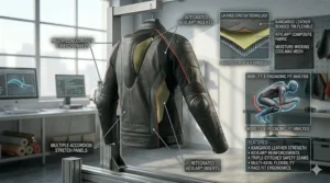 Illustration highlighting accordion stretch panels and Kevlar inserts for maximum mobility in a racing crouch position.