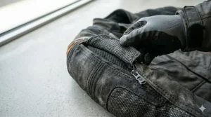 High-visibility reflective panels on an enduro riding jacket for increased safety during low-light trail riding.