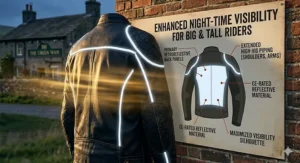 Night-time illustration highlighting the reflective piping and high-visibility strips on a big and tall biker jacket.