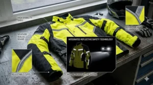Nighttime illustration of a touring motorcycle rain jacket showing the placement of 3M reflective piping for rider visibility.