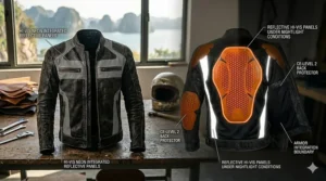 High-visibility men's motorcycle jacket featuring reflective strips for safer nighttime riding.